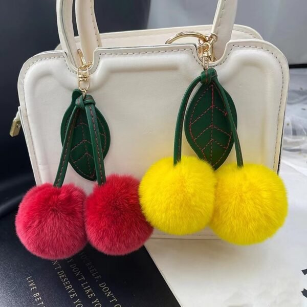 pom pom real fur cherry keychain bag charm